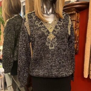 Vintage Carole‎ Little Women's Embroidered Metallic Ramie Blend Sweater Size M